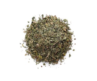 Photo of Heap of dried parsley isolated on white, top view
