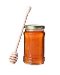 Photo of Tasty natural honey in glass jar and dipper isolated on white