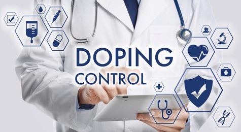 Image of Doping control. Virtual icons and doctor with tablet on light background, closeup