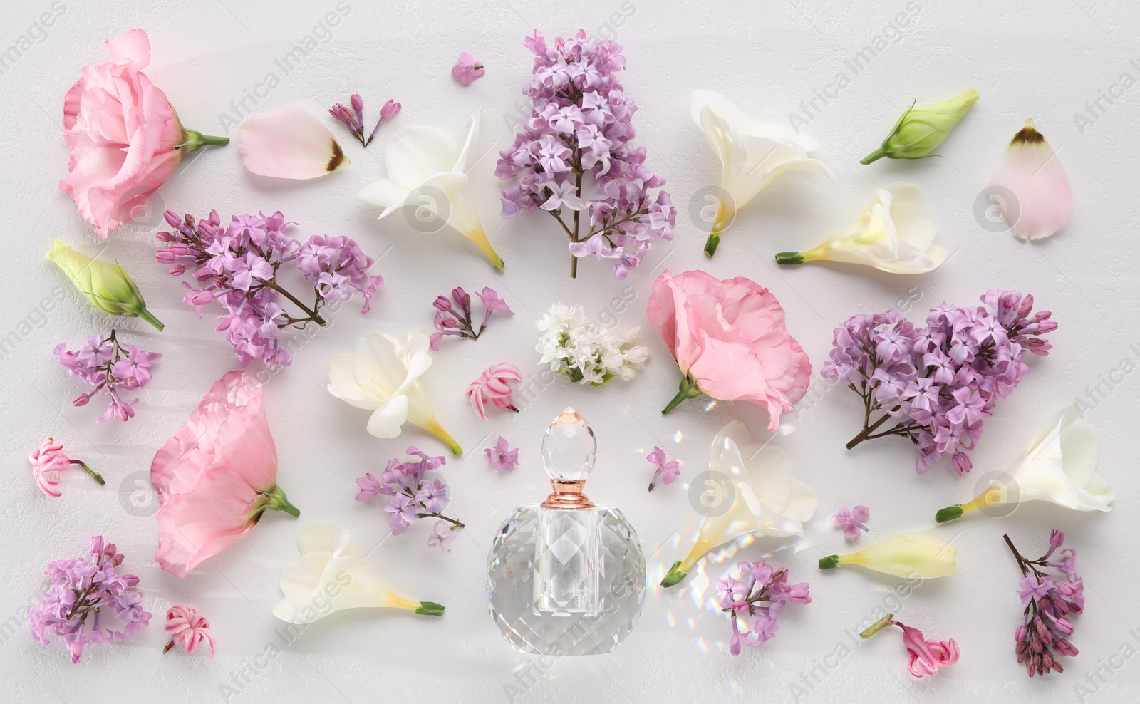 Photo of Luxury perfume and floral decor on white background, flat lay