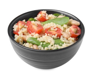 Photo of Delicious quinoa salad with tomatoes, beans and spinach leaves isolated on white