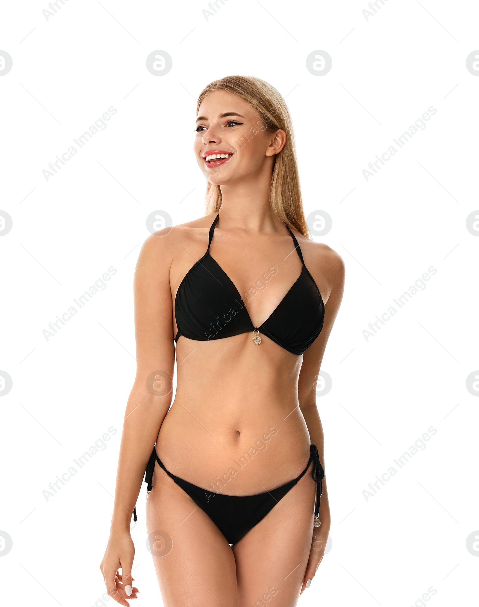 Photo of Pretty young woman wearing stylish bikini on white background