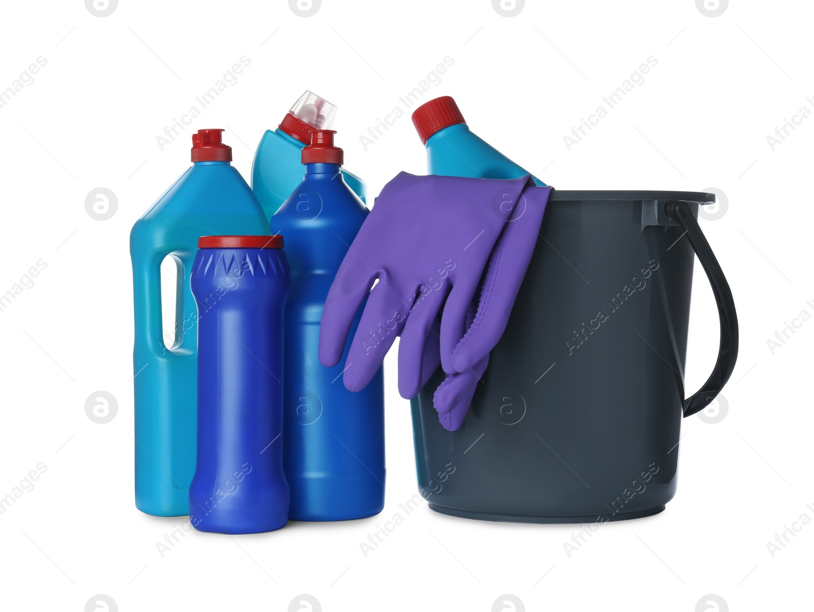 Photo of Different cleaning supplies and tools on white background