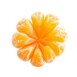 Photo of Peeled fresh juicy tangerine isolated on white, top view
