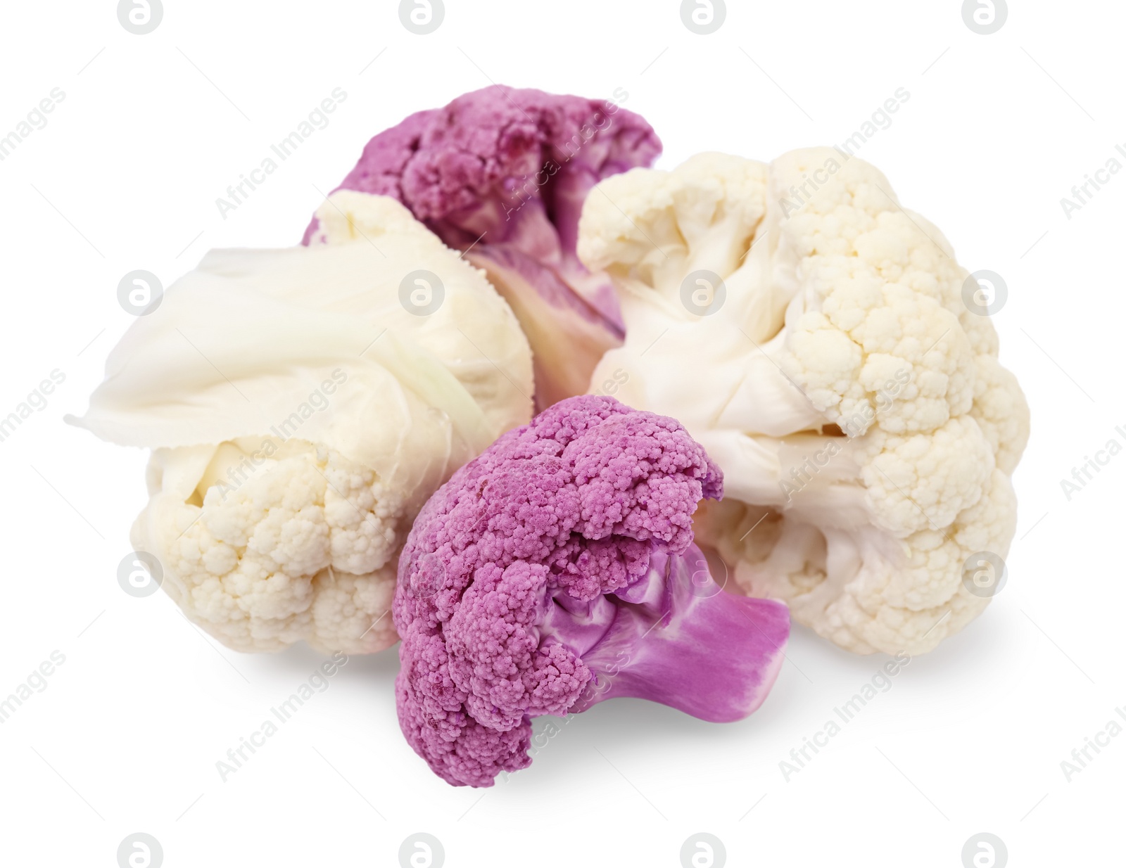 Photo of Heap of various cauliflower cabbages on white background