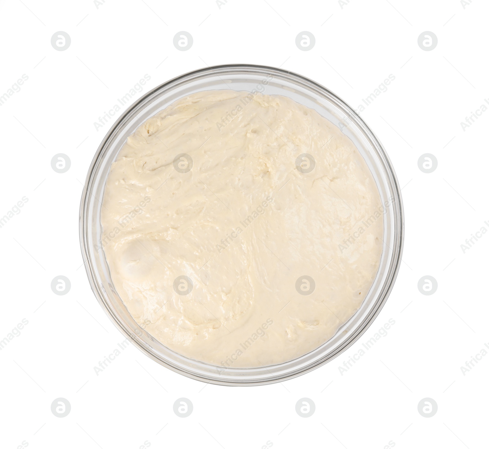 Photo of Fresh dough for cake and dry yeast on white background, top view