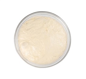Photo of Fresh dough for cake and dry yeast on white background, top view