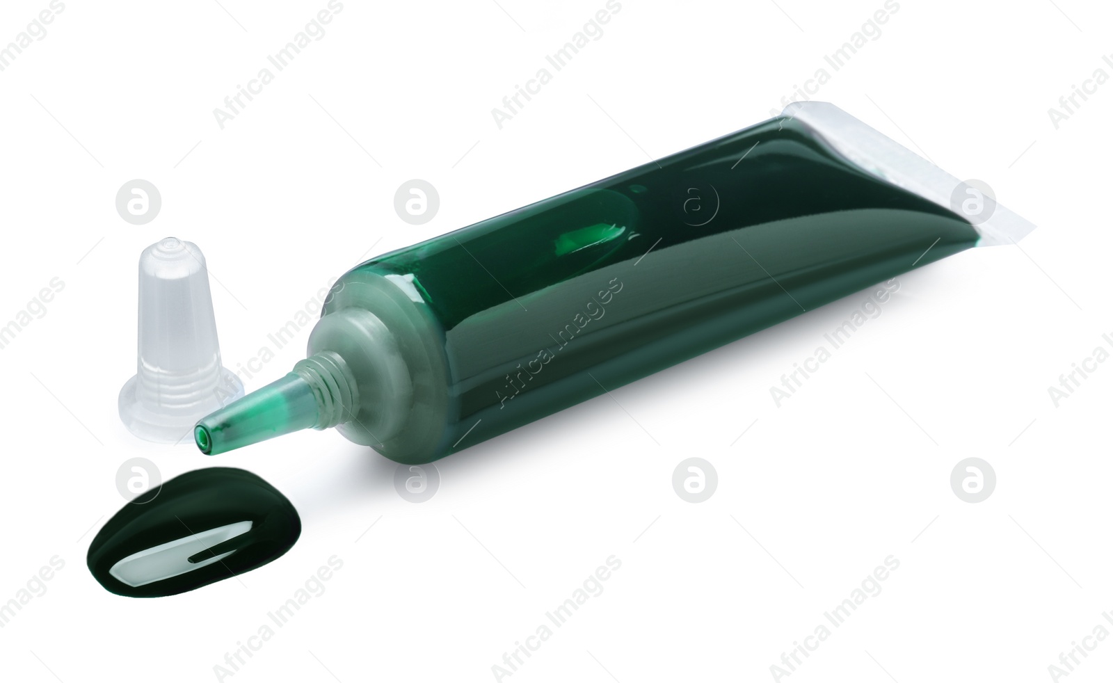 Photo of Tube with dark green food coloring isolated on white