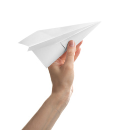 Woman holding paper plane on white background, closeup