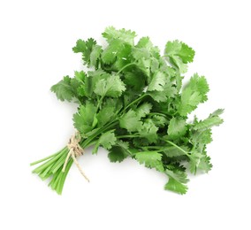 Bunch of fresh coriander on white background, top view