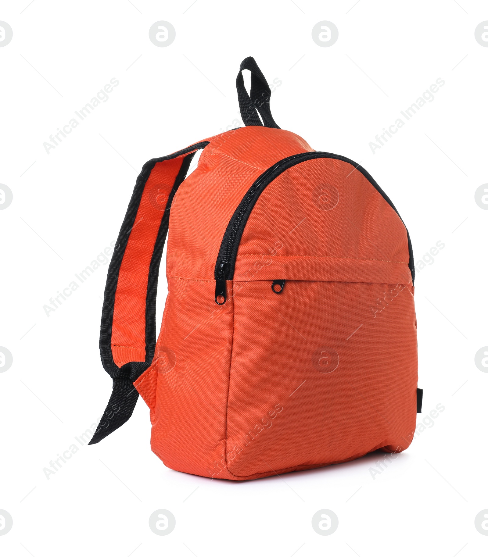 Photo of One stylish orange backpack isolated on white