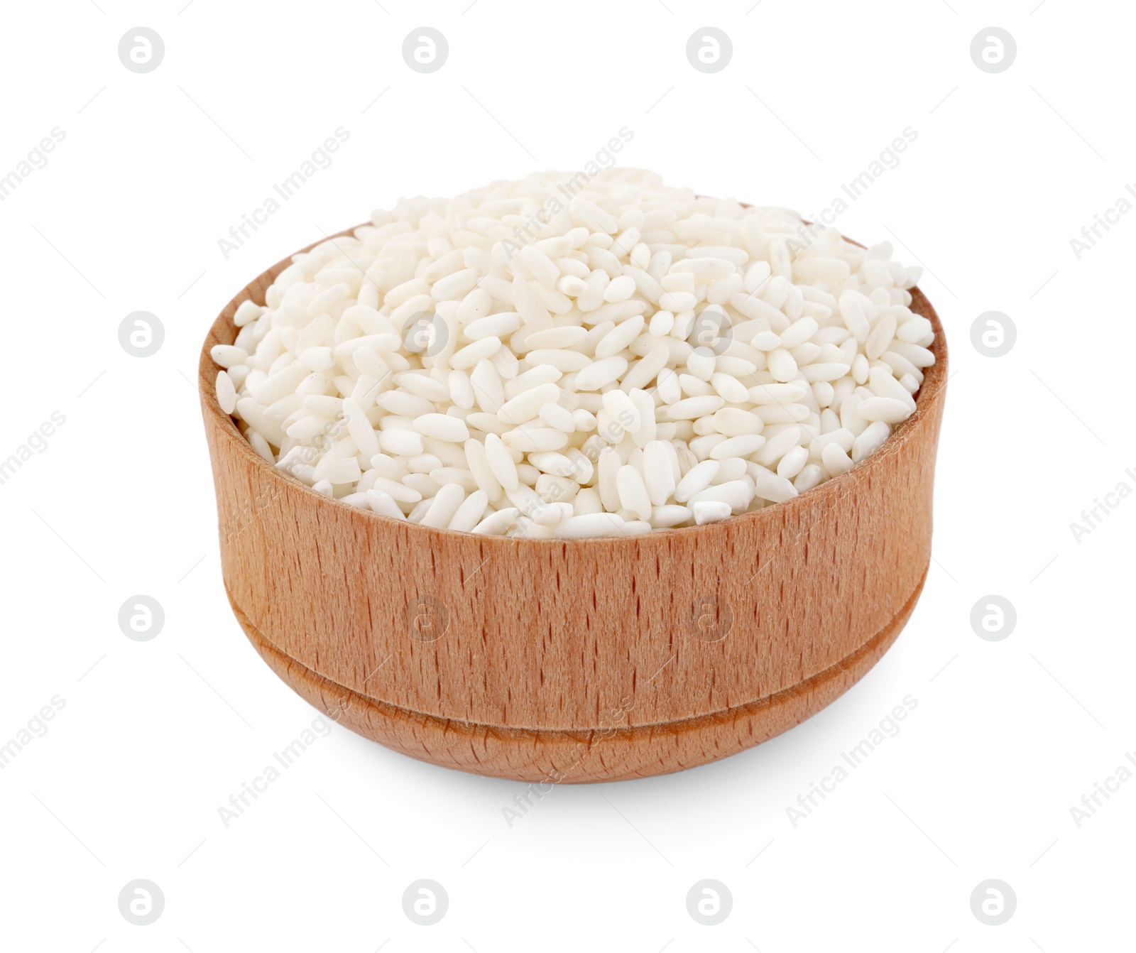 Photo of Bowl with raw rice isolated on white