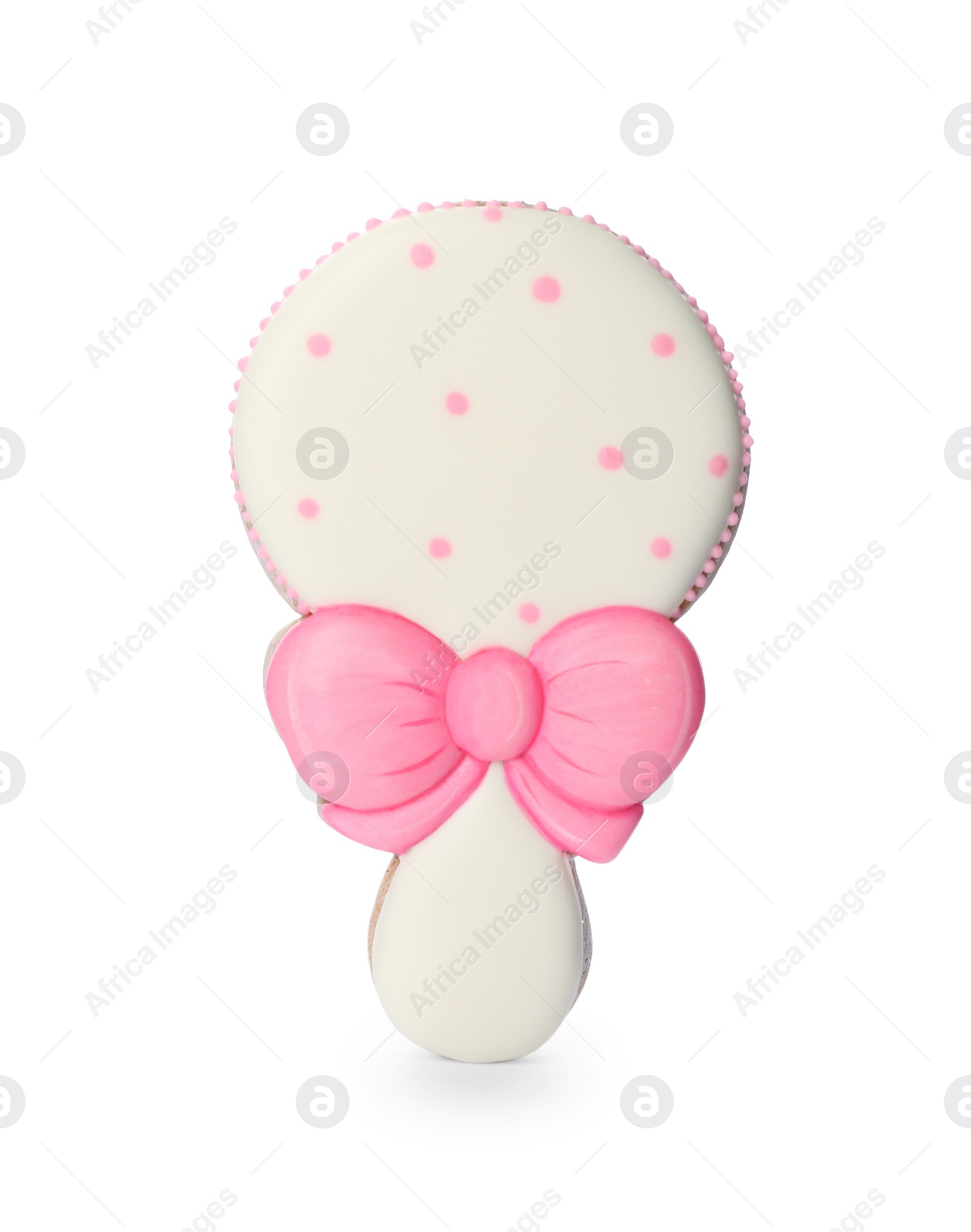 Photo of Tasty cookie in shape of rattle isolated on white. Baby shower party