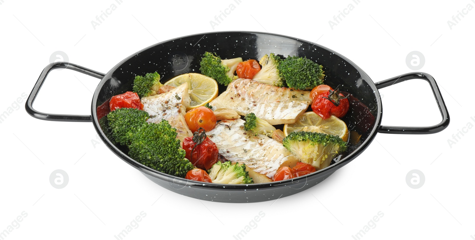 Photo of Tasty cod cooked with vegetables in frying pan isolated on white