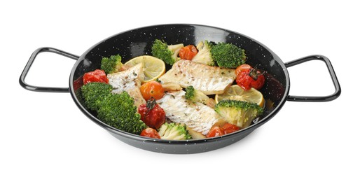 Tasty cod cooked with vegetables in frying pan isolated on white