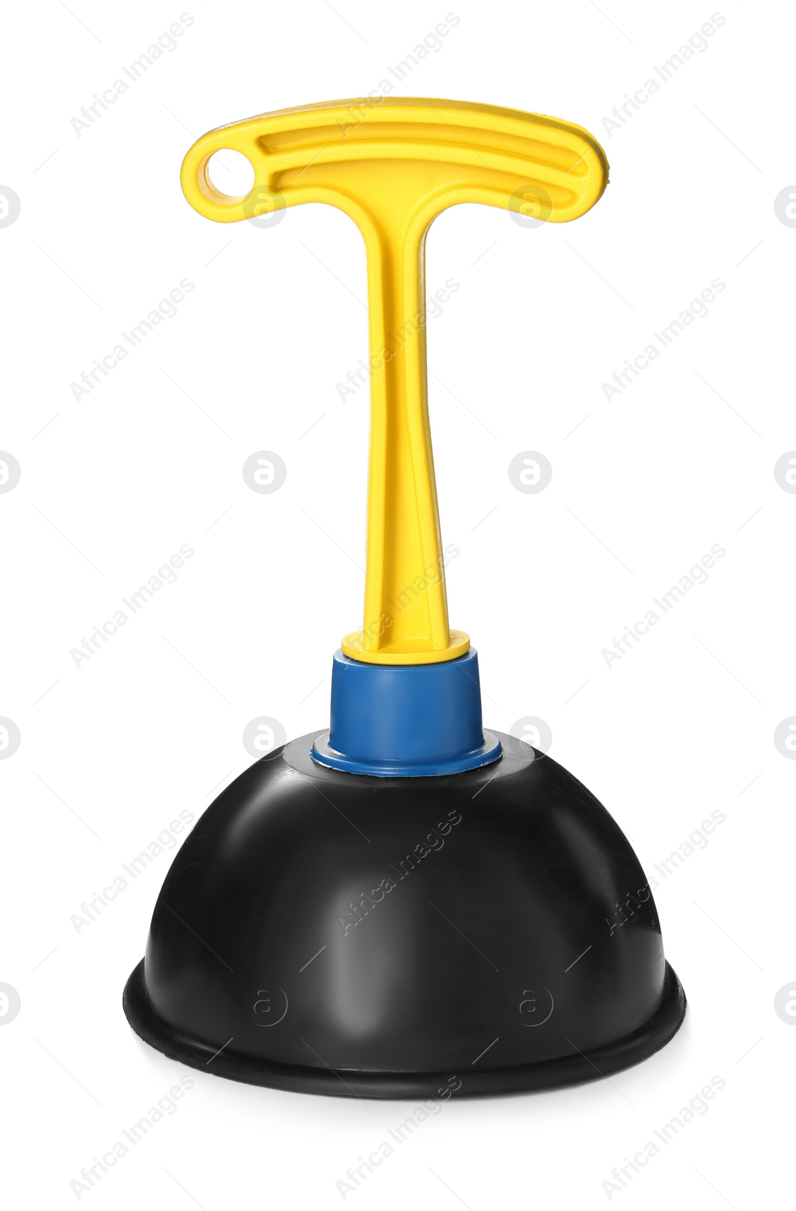 Photo of Plunger with plastic handle isolated on white. Toilet cleaning tool