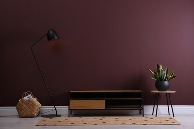 Elegant room interior with wooden cabinet, floor lamp and beautiful houseplant near brown wall. Space for text