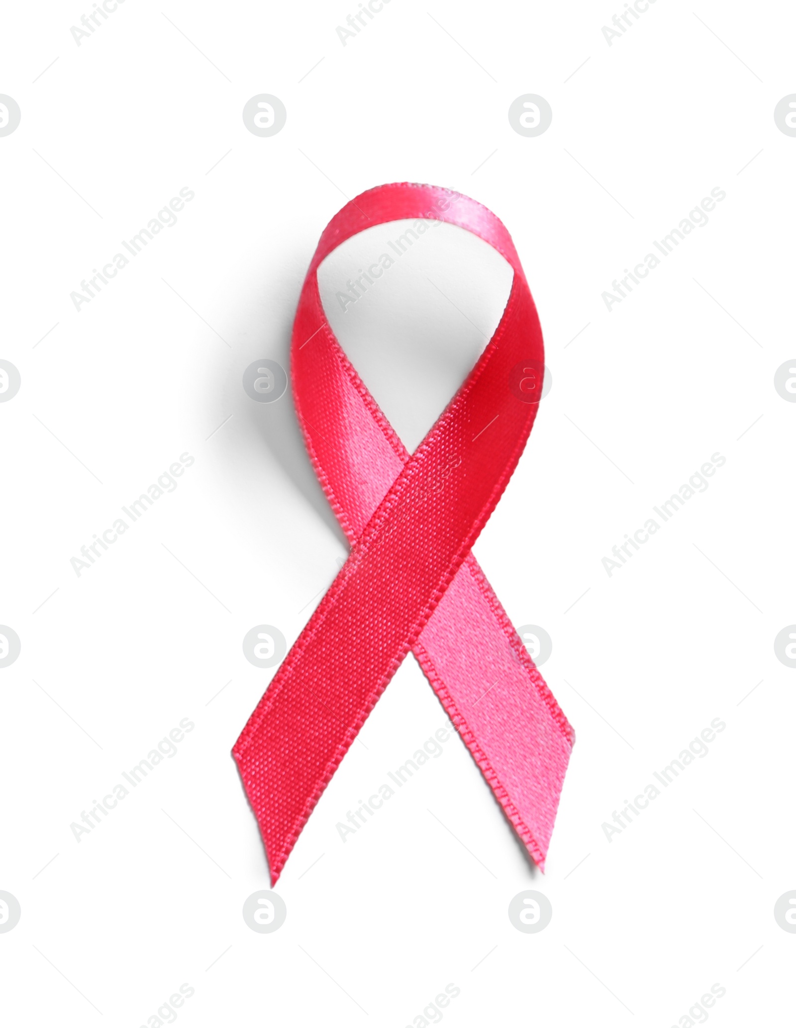 Photo of Pink ribbon on white background, top view. Cancer awareness