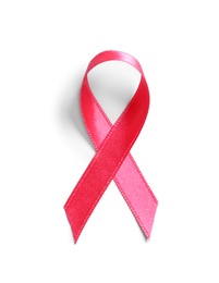 Photo of Pink ribbon on white background, top view. Cancer awareness