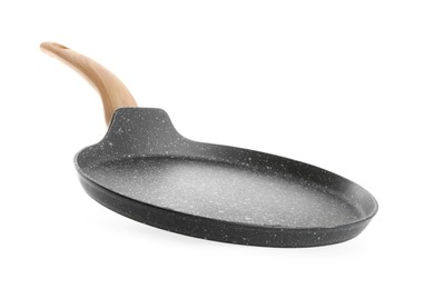 Photo of New pancake pan with wooden handle isolated on white background