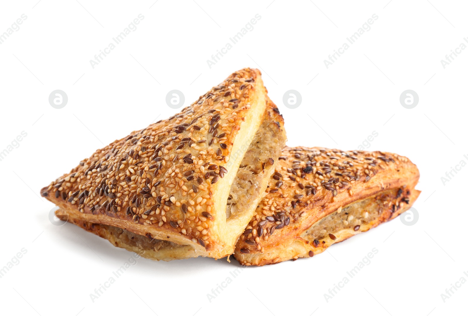 Photo of Fresh tasty puff pastry on white background