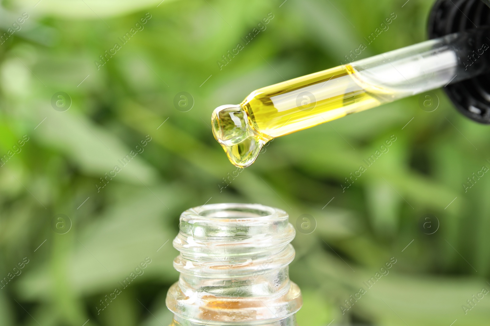 Photo of Dripping essential oil from pipette into glass bottle against blurred green background, closeup