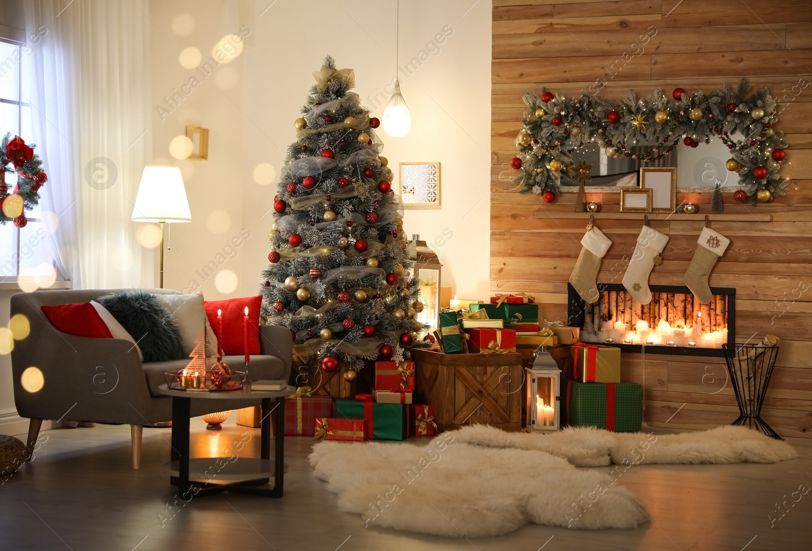 Image of Beautiful Christmas tree in living room, bokeh effect. Festive interior