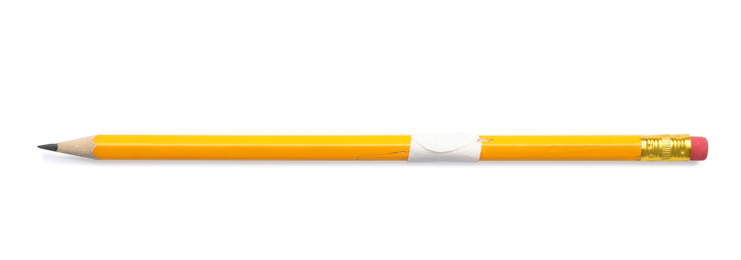 Pencil with sticking plaster isolated on white, top view
