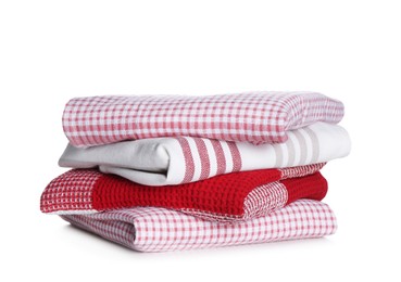Photo of Stack of different kitchen towels on white background