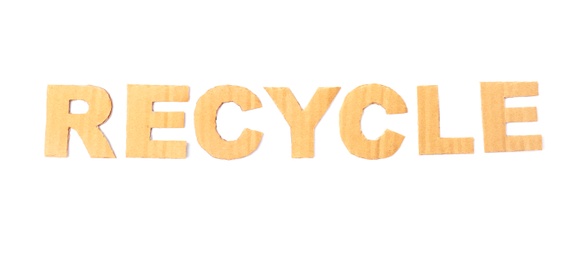 Photo of Word "Recycle" made of cardboard letters on white background