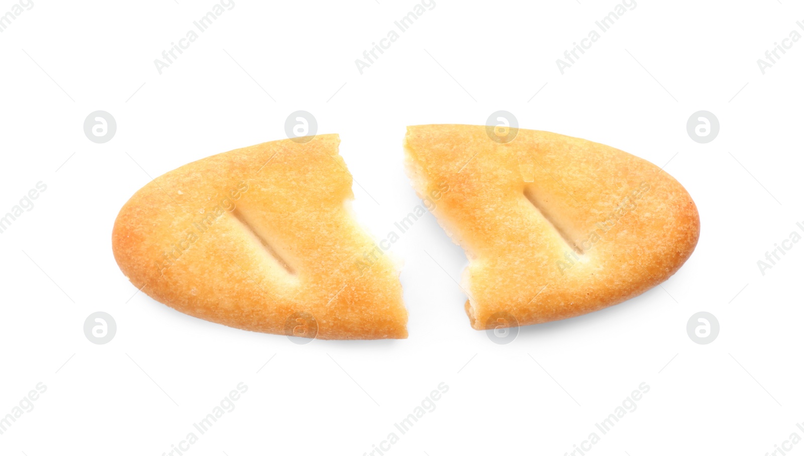 Photo of Broken delicious crispy cracker isolated on white, top view