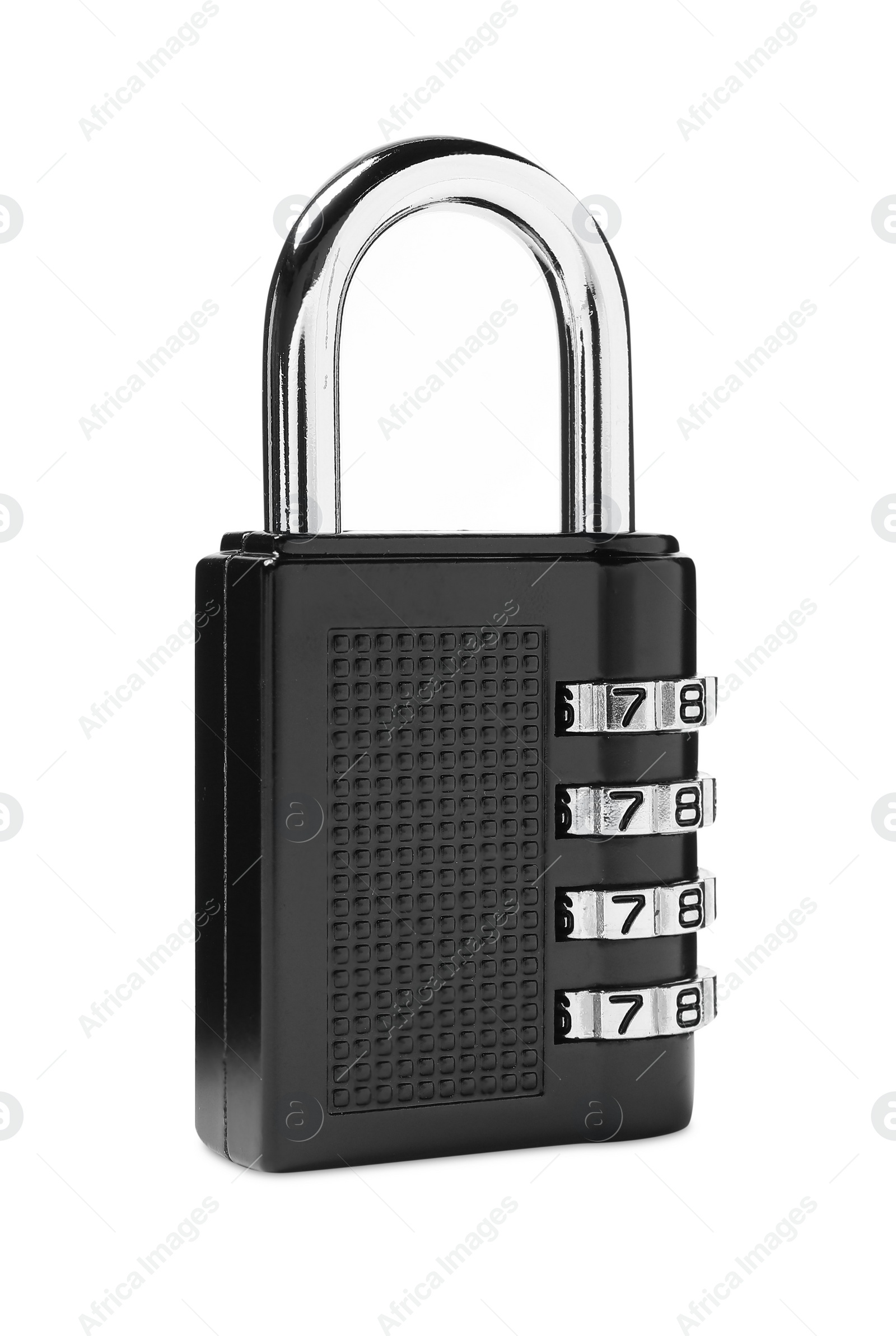 Photo of Locked steel combination padlock isolated on white