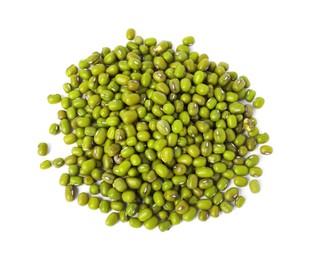 Photo of Pile of green mung beans isolated on white, top view. Organic grains