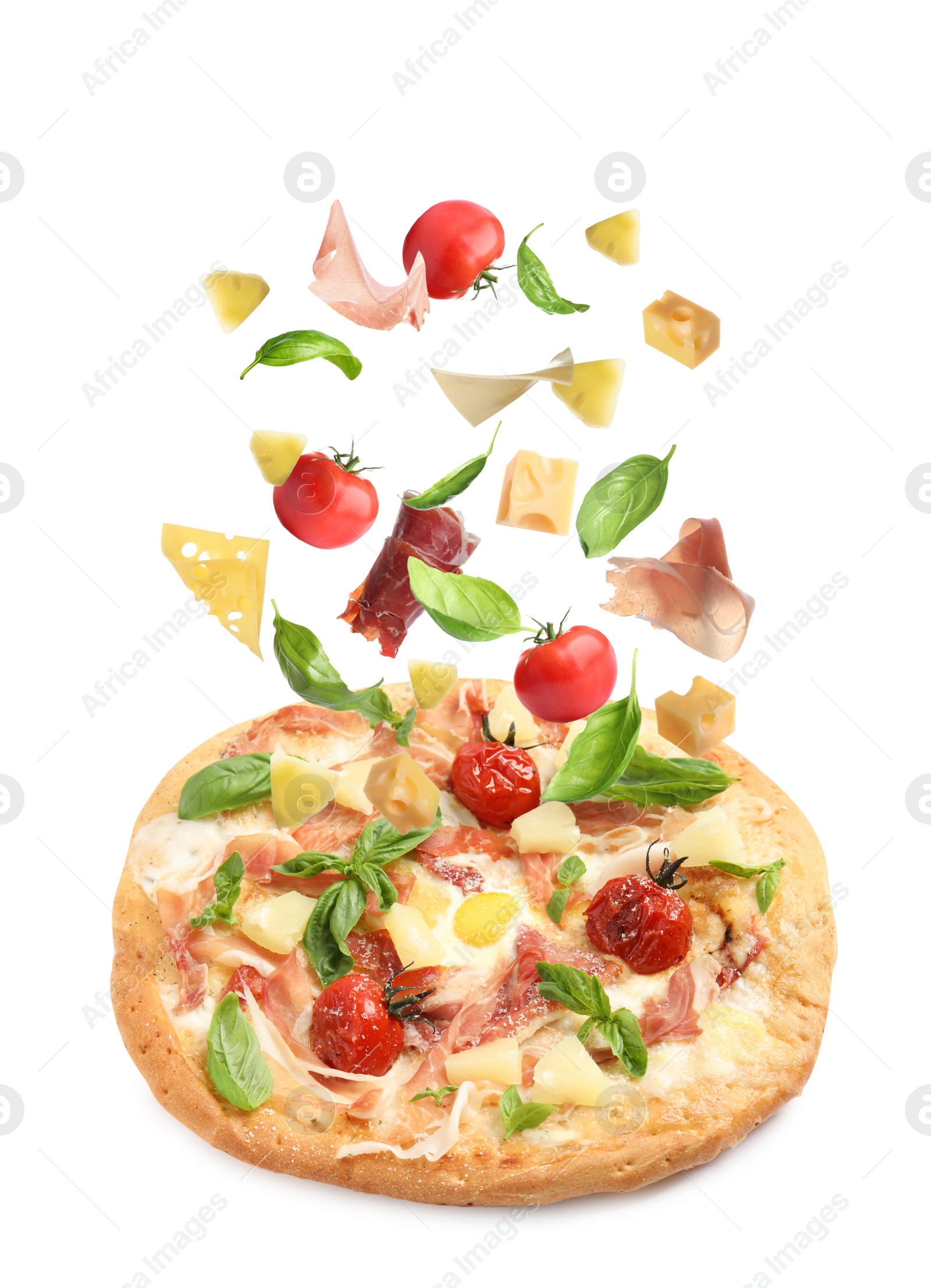 Image of Delicious pizza and flying ingredients on white background