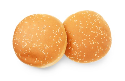 Photo of Fresh hamburger buns isolated on white, top view