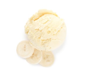 Delicious banana ice cream with fresh fruit on white background, top view