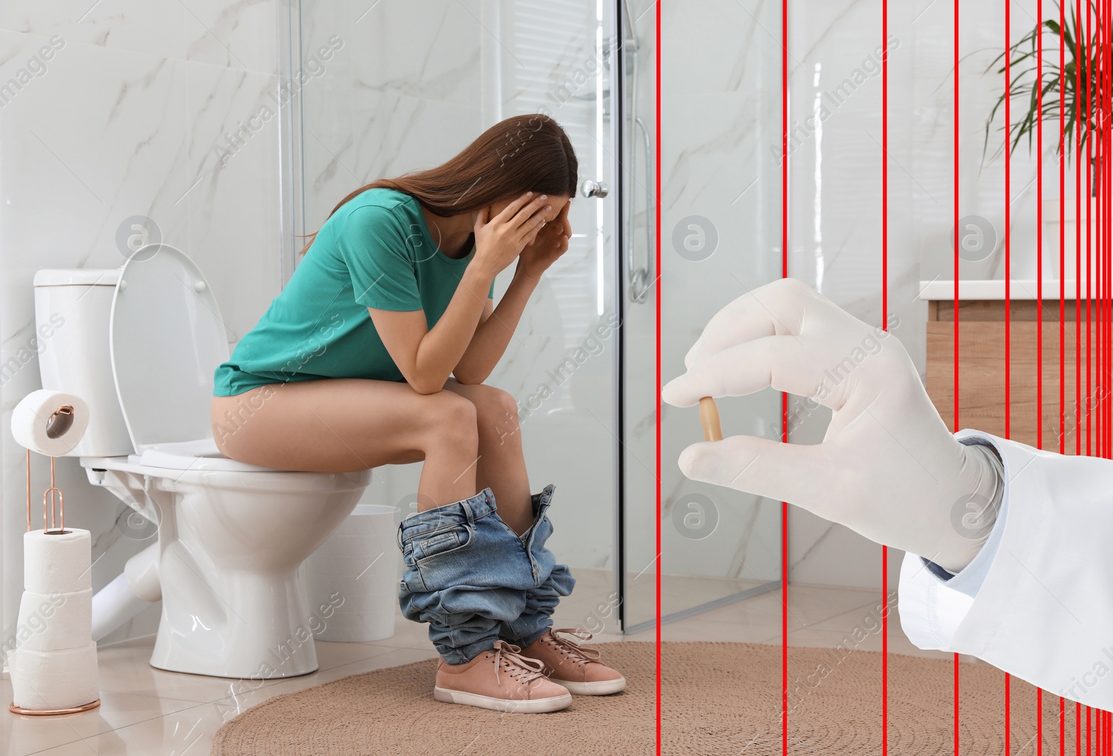 Image of Doctor holding suppository for hemorrhoid treatment and woman suffering from pain in rest room