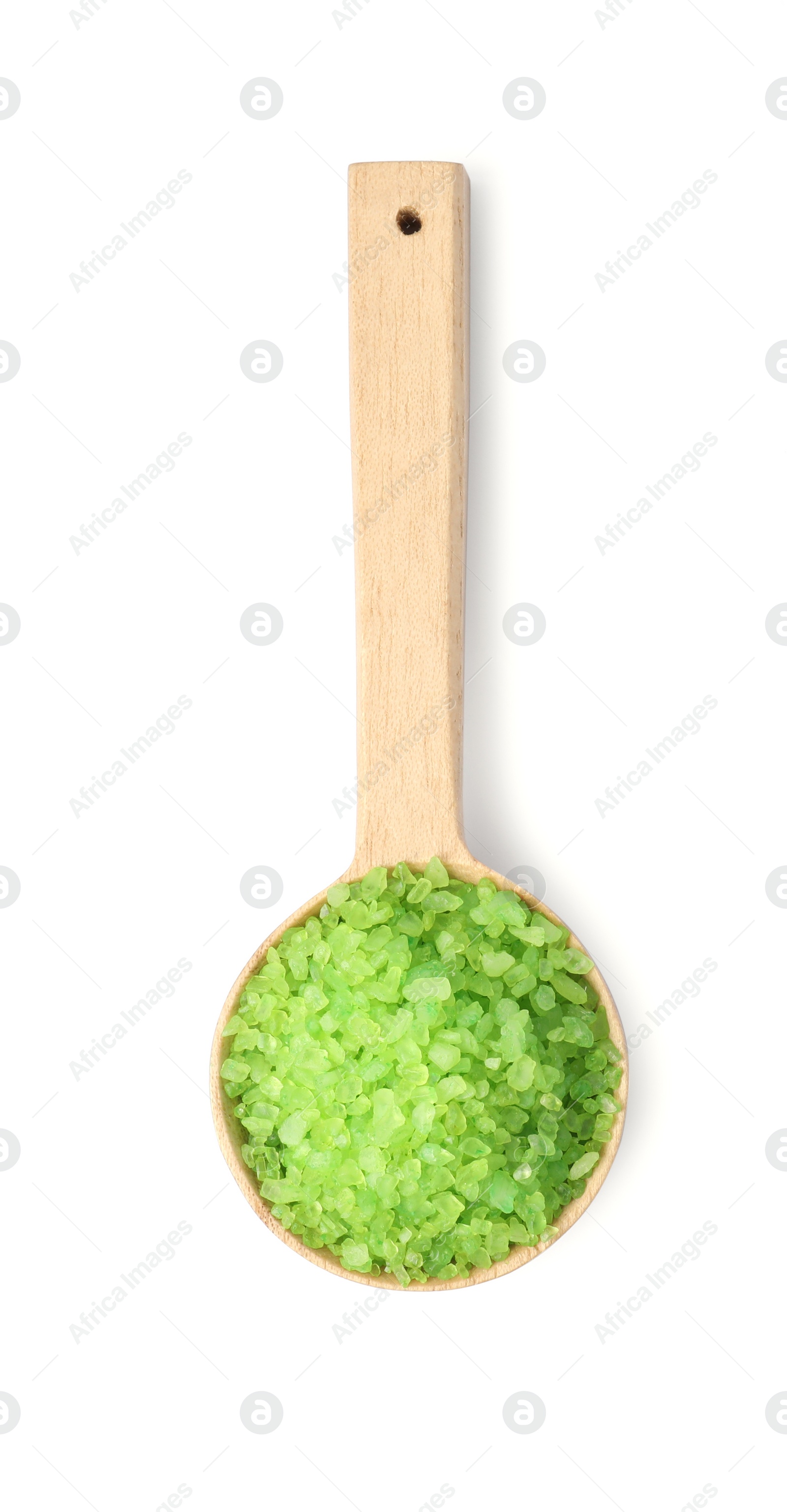 Photo of Wooden spoon with green sea salt on white background, top view