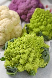 Different fresh cabbages on white table, closeup