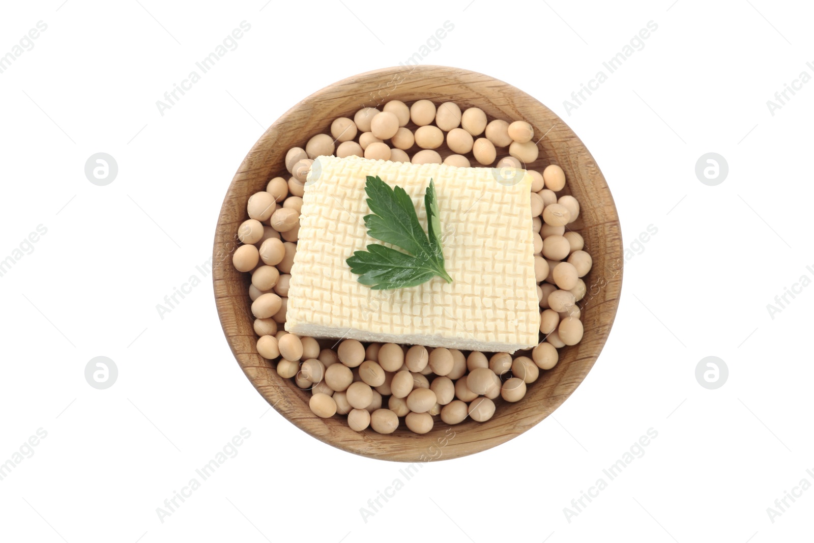 Photo of Piece of delicious tofu with parsley and soy on white background, top view