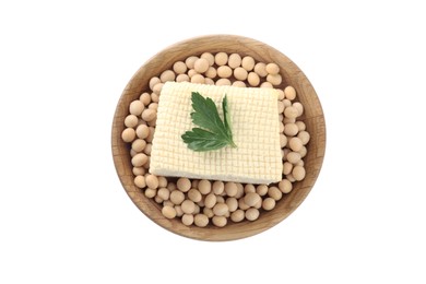 Photo of Piece of delicious tofu with parsley and soy on white background, top view