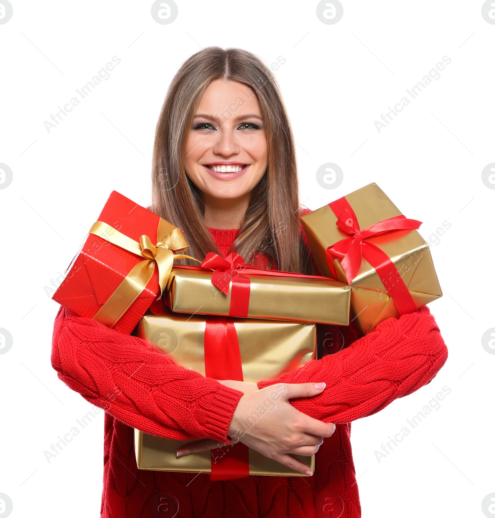 Photo of Young woman with Christmas gifts on white background