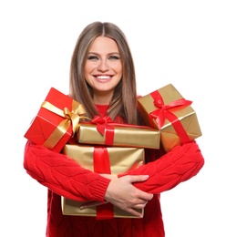 Photo of Young woman with Christmas gifts on white background