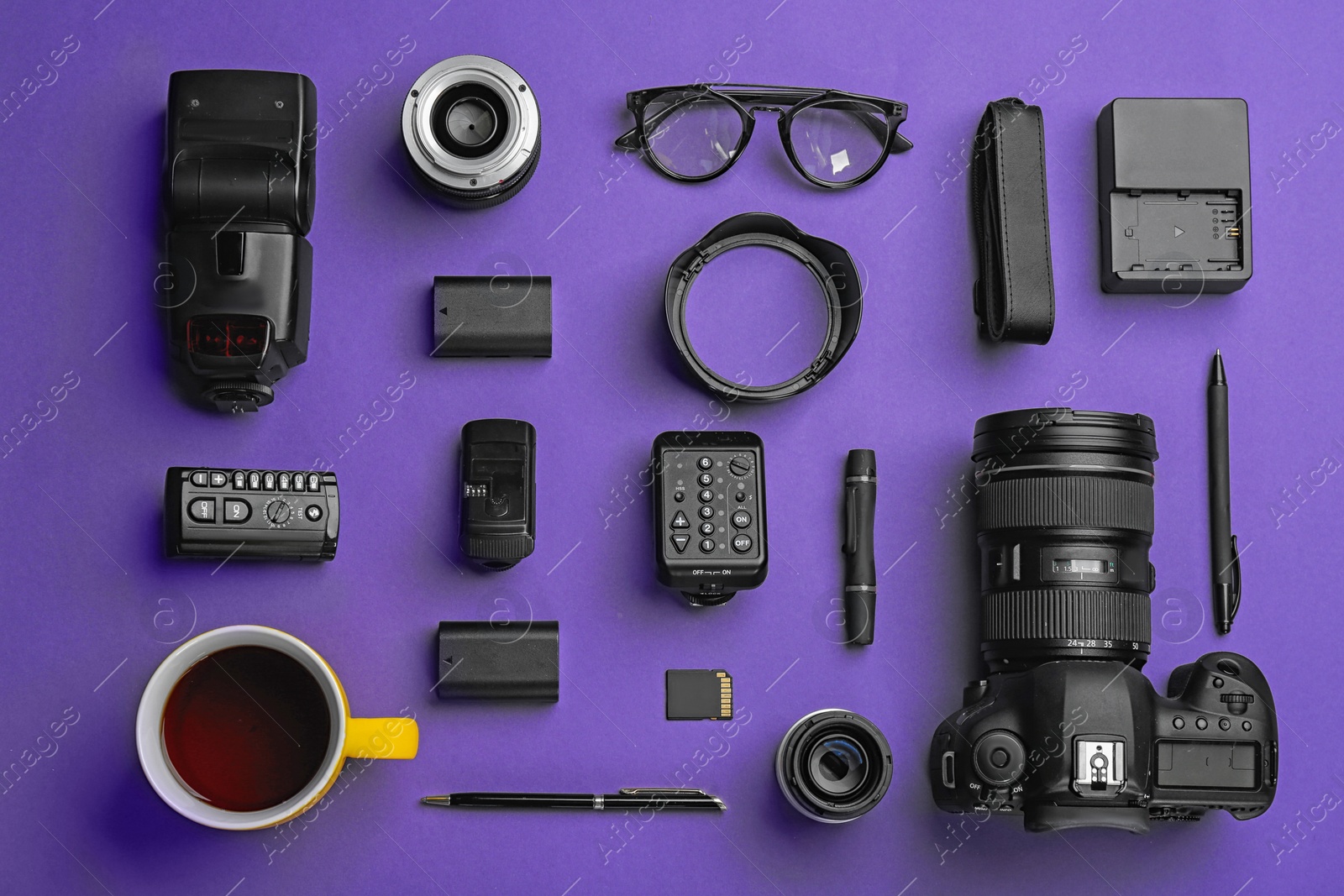 Photo of Flat lay composition with photographer's equipment and accessories on color background