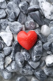 Photo of Red decorative heart on stones and water, top view