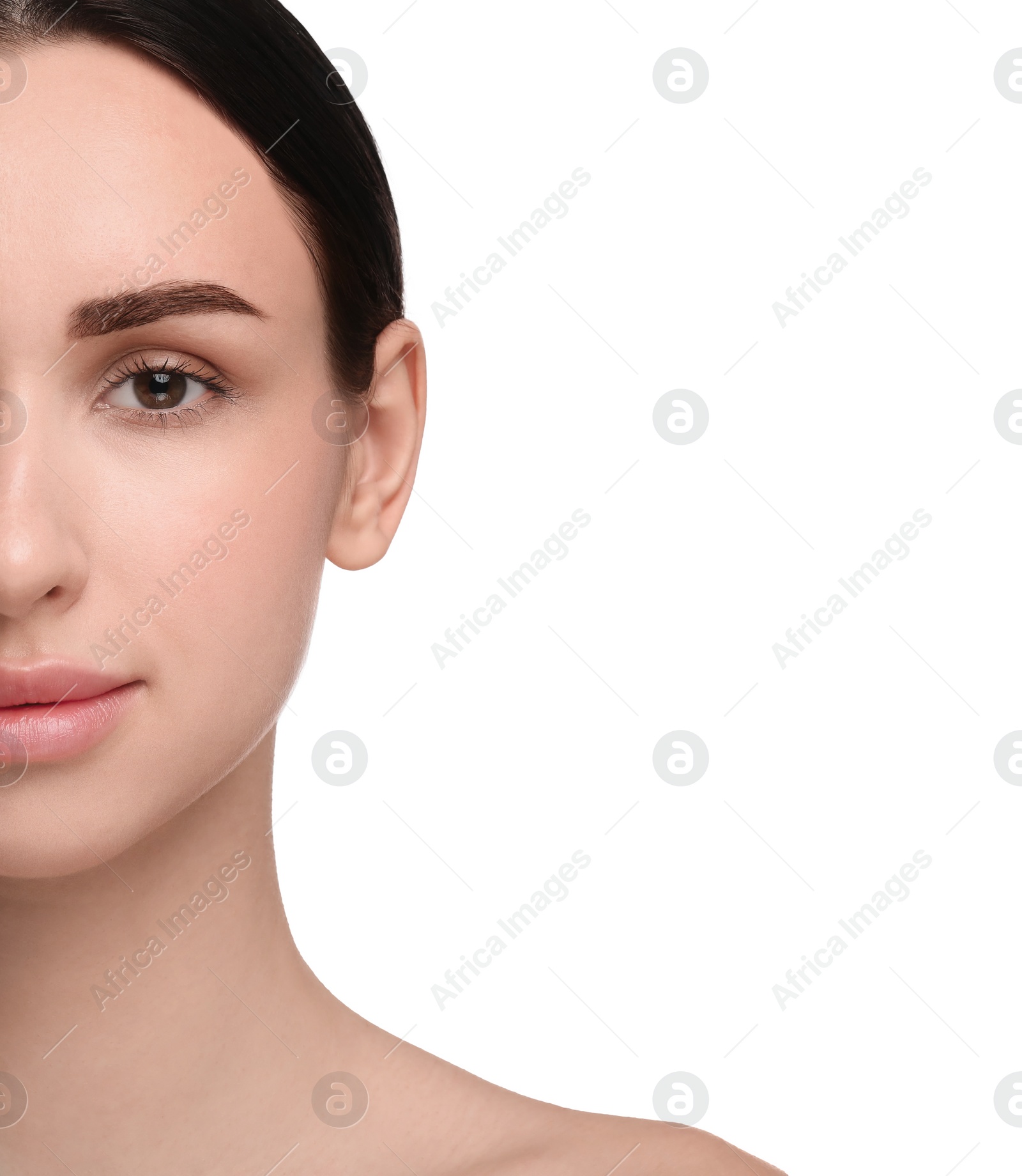 Photo of Beautiful young woman with healthy skin on white background, closeup