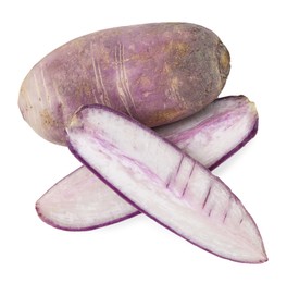 Photo of Ripe purple daikon radishes isolated on white, top view