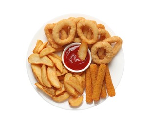 Different snacks and tasty ketchup on table, top view