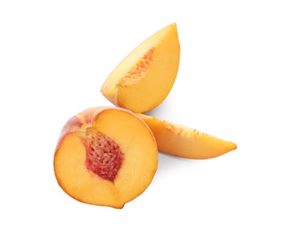 Photo of Cut fresh ripe peach isolated on white, top view