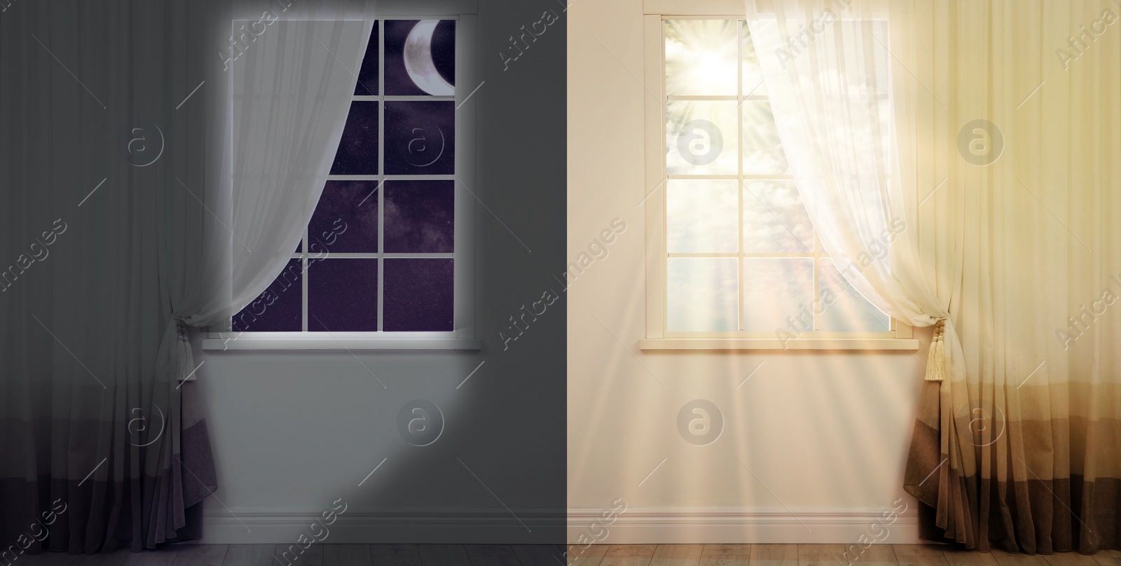 Image of Beautiful view of sky through windows in day and night, collage